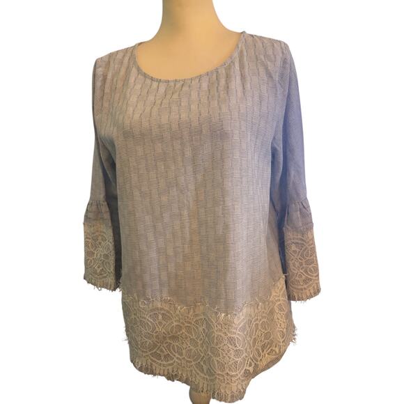 See and Be Seen Blue and White Blouse. Lace trim on sleeves and hem
Size Large - Picture 1 of 5